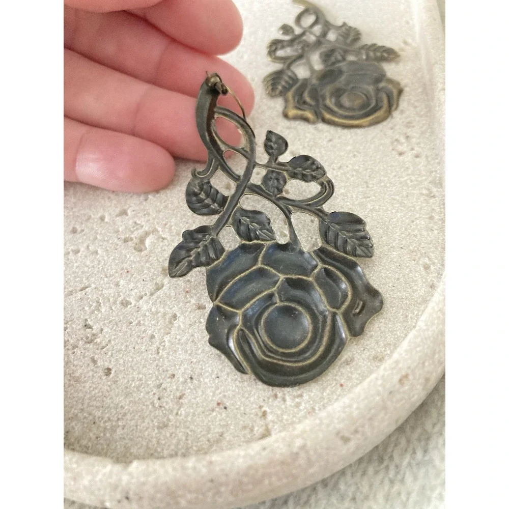Antiqued Bronze Tone‎ Rose Dangle Earrings Openwork Leaf Vine Large Floral Drop